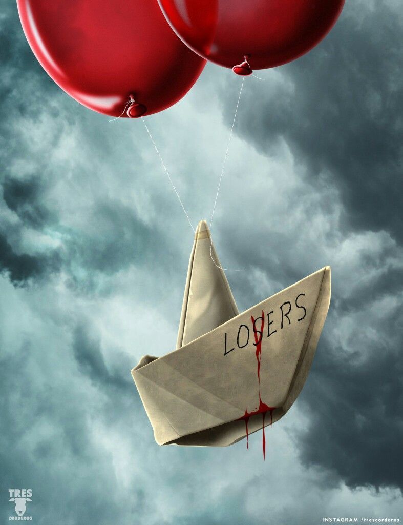 A paper boat floats in the sky, held aloft by two red balloons. The word 