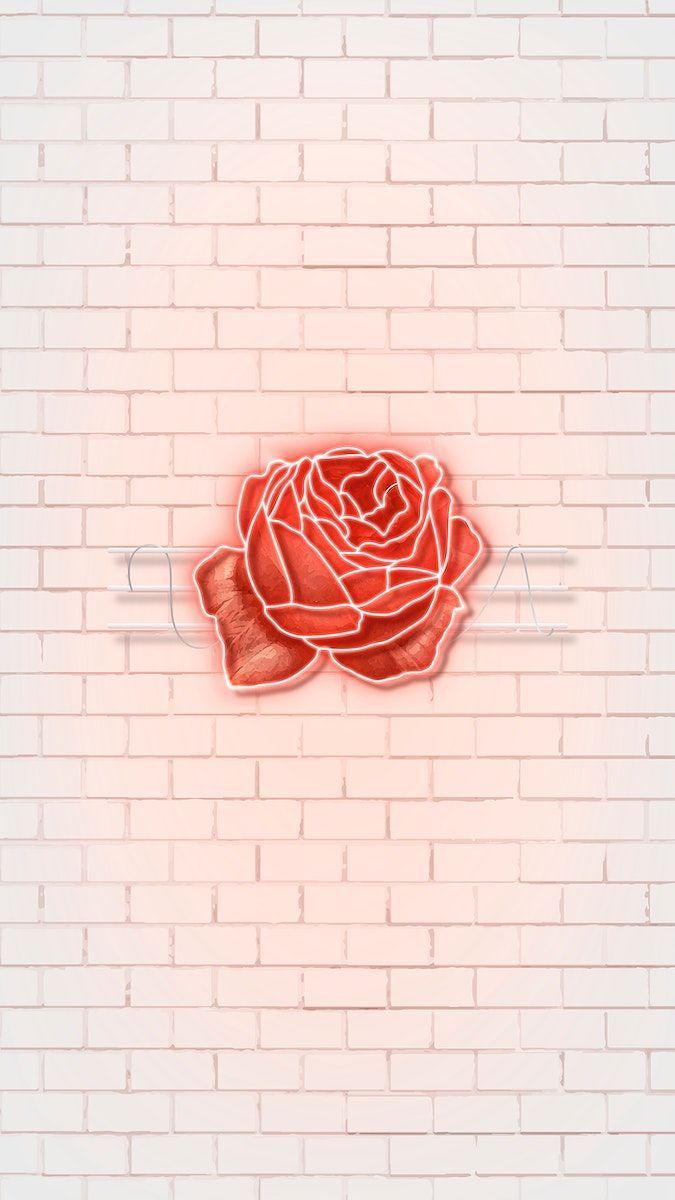 A neon sign of a rose on a white brick wall - Glossy, bright