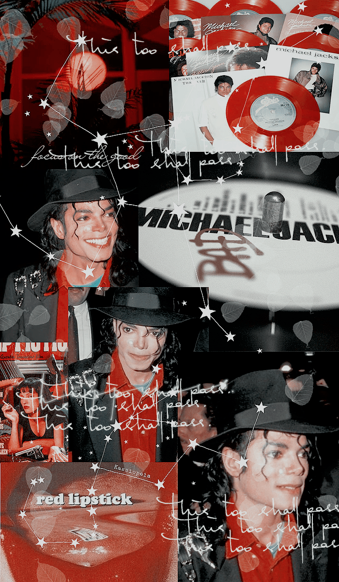 A collage of red and black images of Michael Jackson. - Michael Jackson
