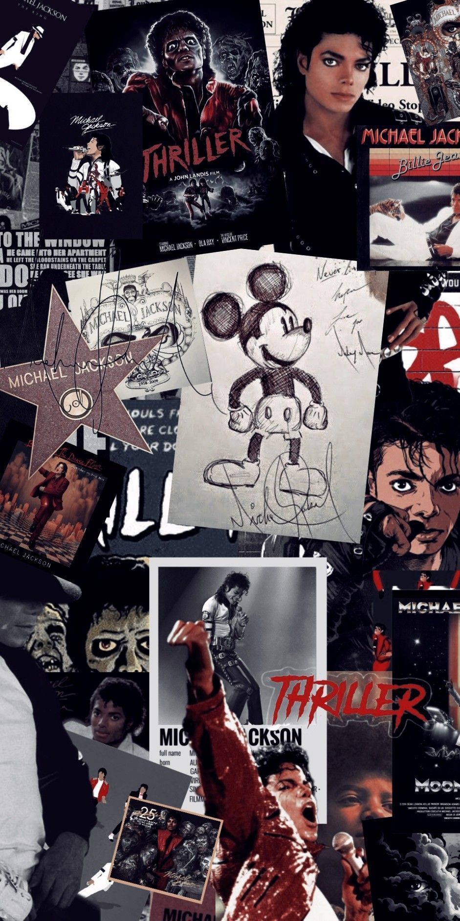 A collage of Michael Jackson's Thriller album cover, a drawing of Mickey Mouse, and the album cover for Thriller. - Michael Jackson