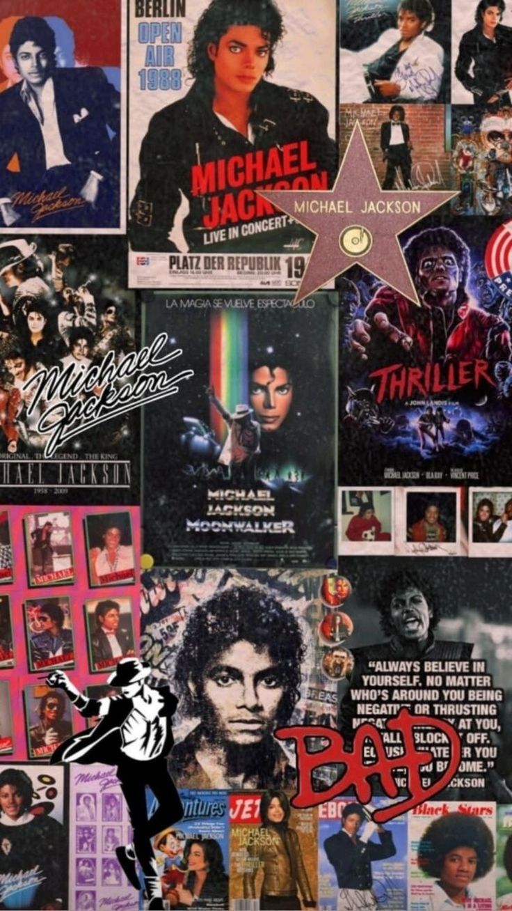 A collage of Michael Jackson's album covers, posters, and memorabilia. - Michael Jackson