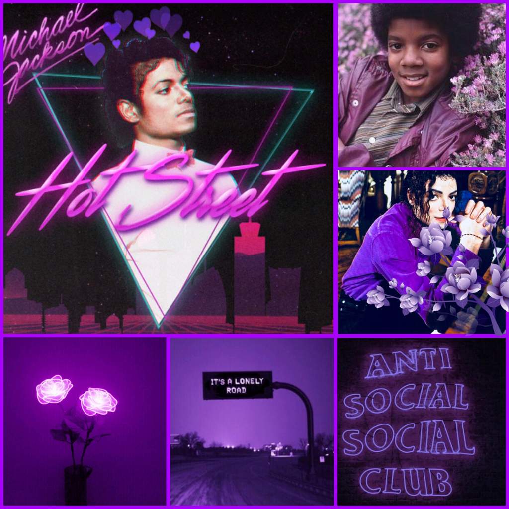 A purple and black aesthetic collage featuring Michael Jackson, a neon sign, and a collage of purple flowers. - Michael Jackson