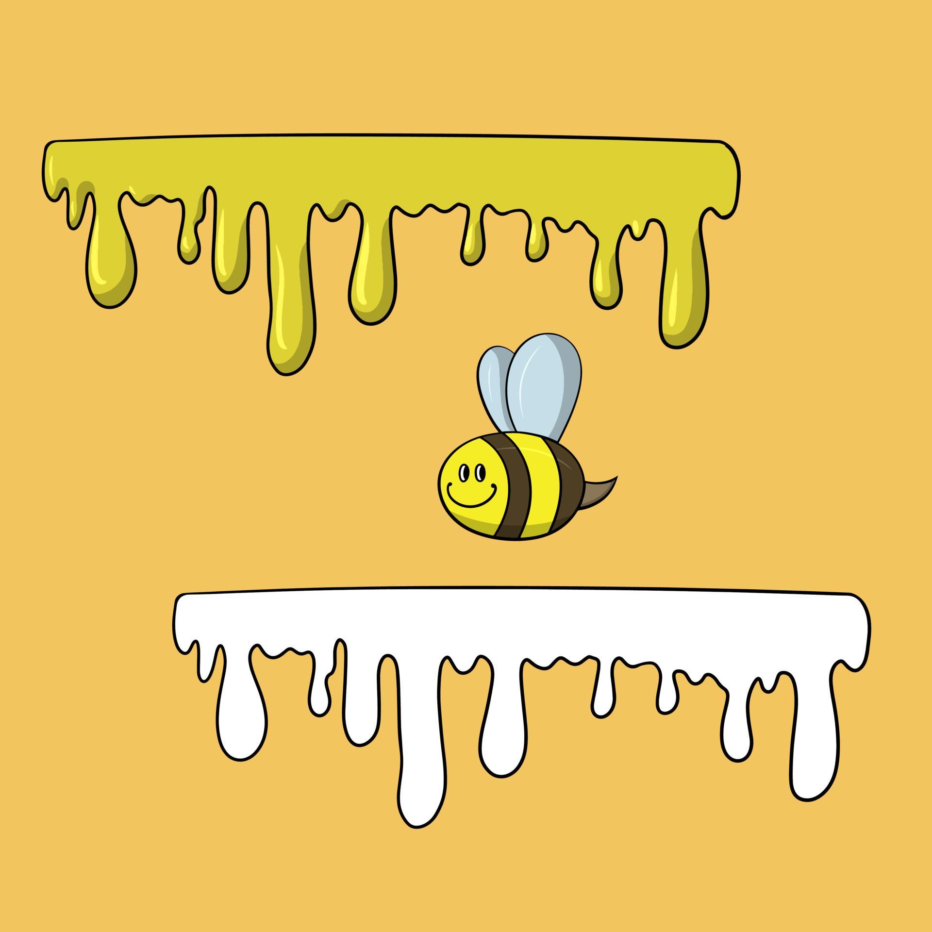 A set of picture, Drops of bright yellow bee honey, streams of honey, vector illustration in cartoon style on a colored background