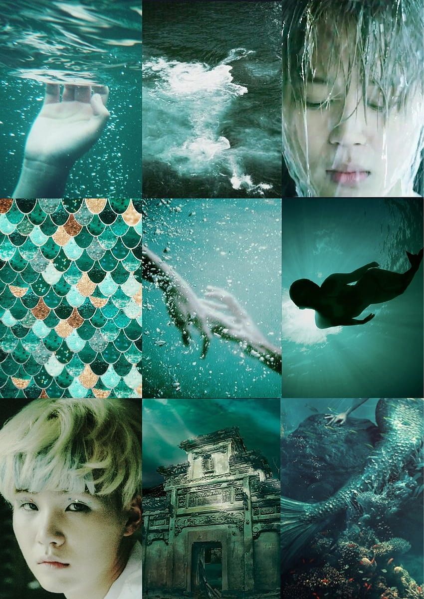 A collage of images of a mermaid and a man underwater. - Mermaid