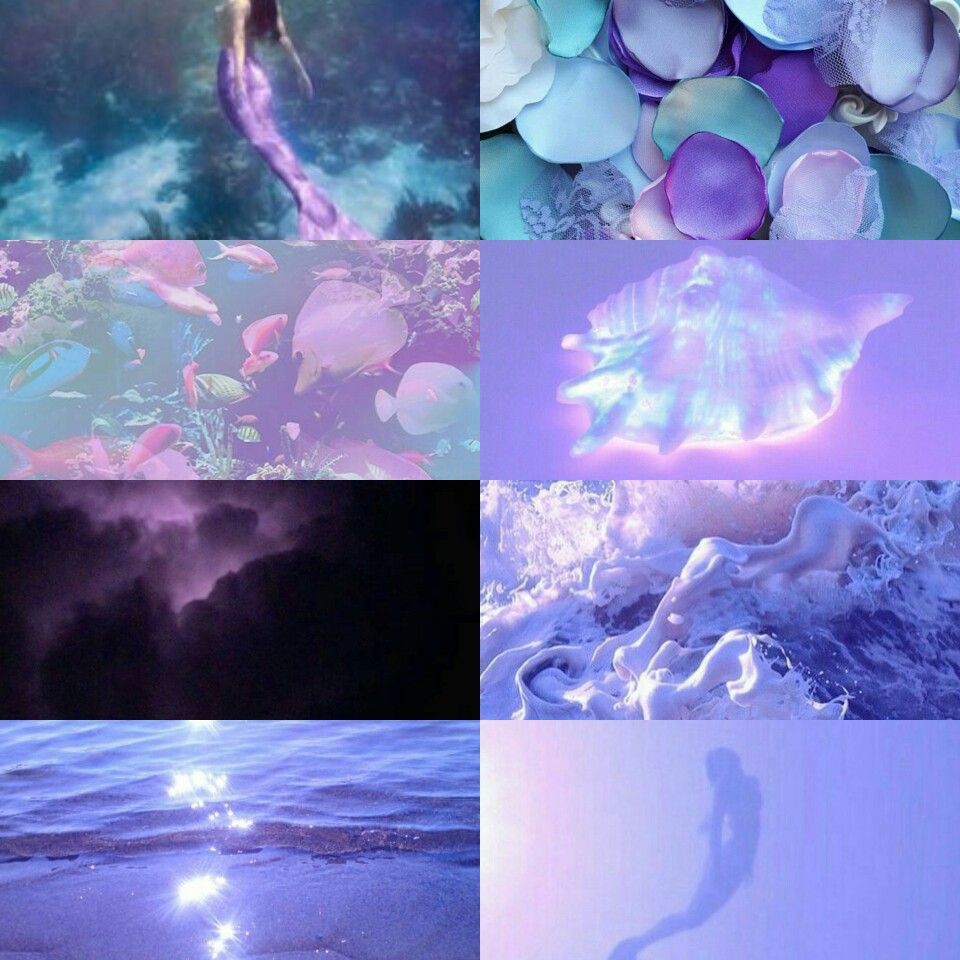 Aesthetic collage of purple and blue images including shells, fish, and waves - Mermaid