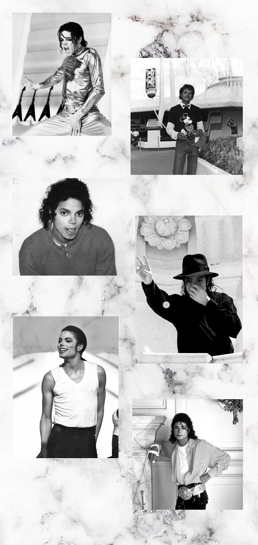 Collage of black and white photos of michael jackson, in different outfits, cute backgrounds, on a white and grey marble background - Michael Jackson
