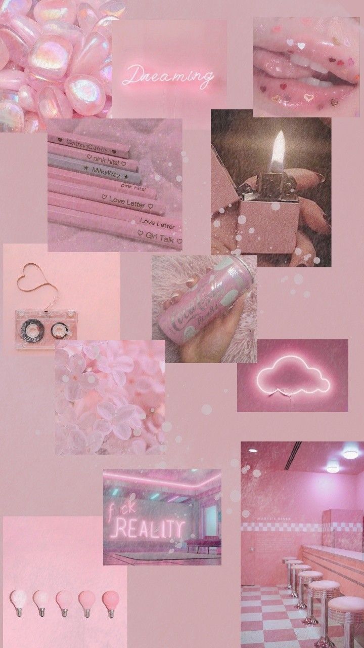 Aesthetic pink collage background with a neon sign - Blush