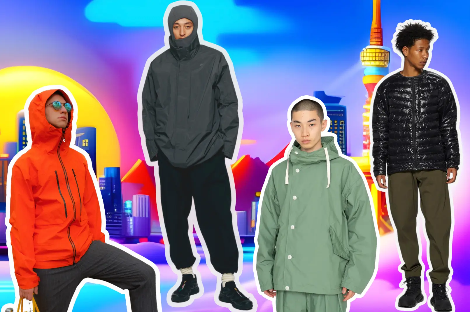 A collage of four men wearing different raincoats and pants - Gorpcore
