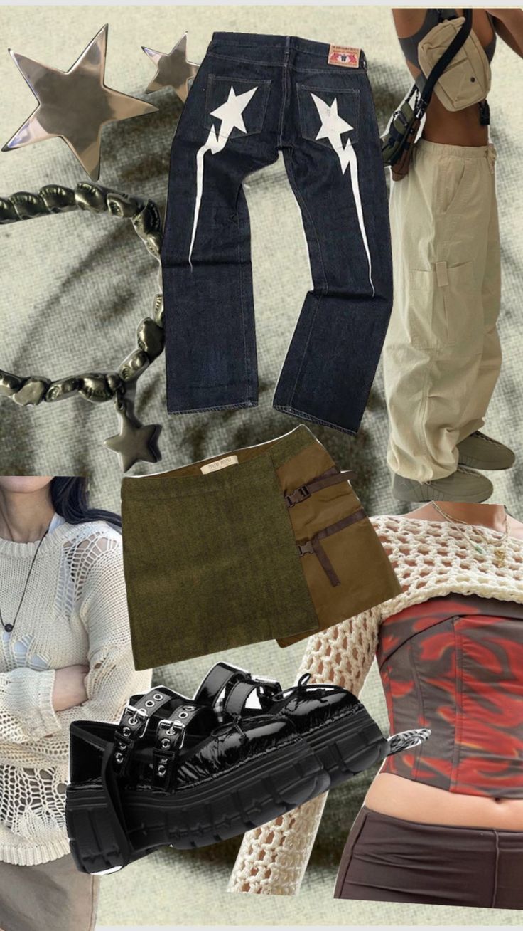 A collage of clothing and accessories including black shoes, a pair of jeans with lightning bolts on the back, a brown bag, and a white top. - Gorpcore