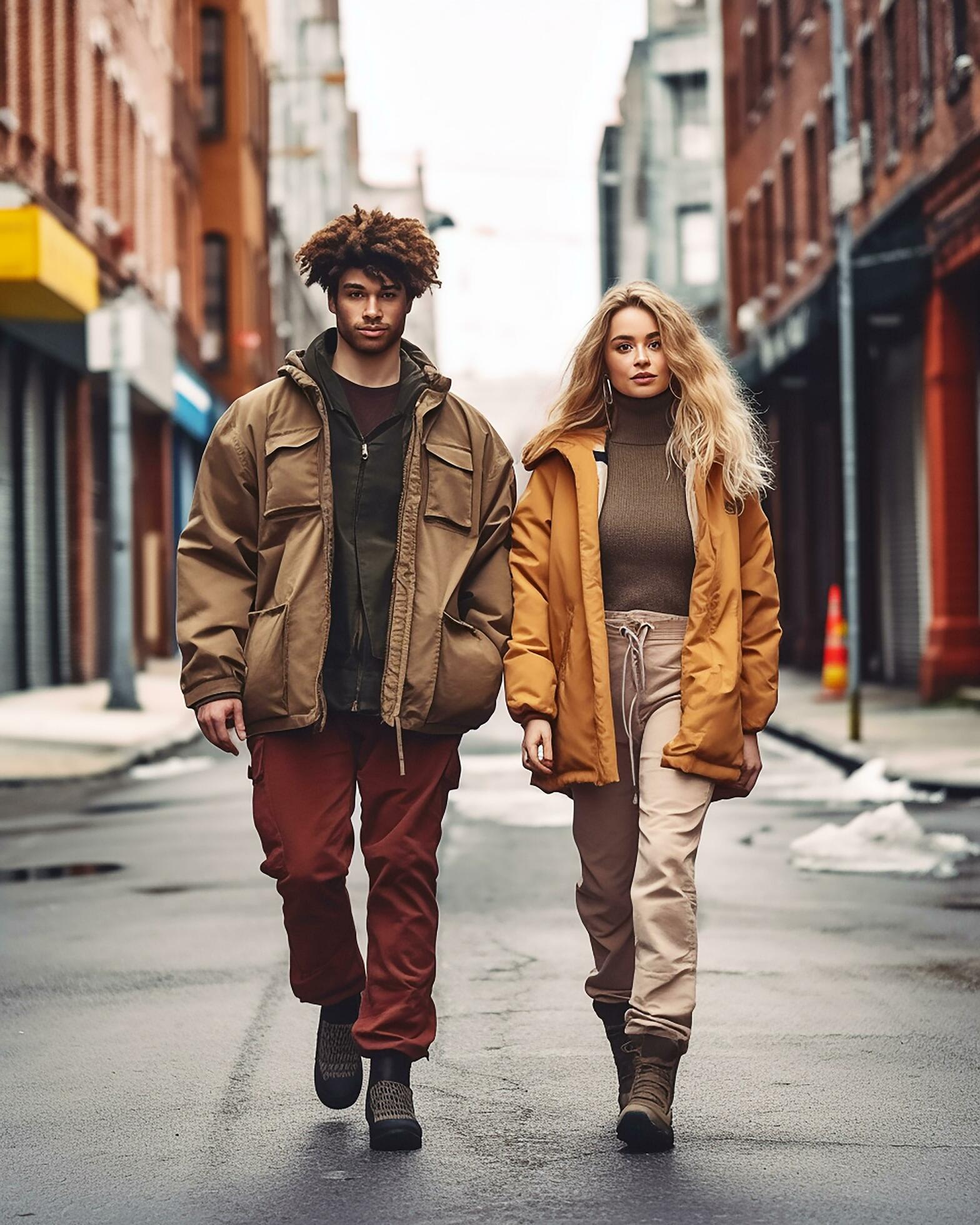A man and woman walking down a street wearing jackets from the new Eddie Bauer x Pendleton collection. - Gorpcore