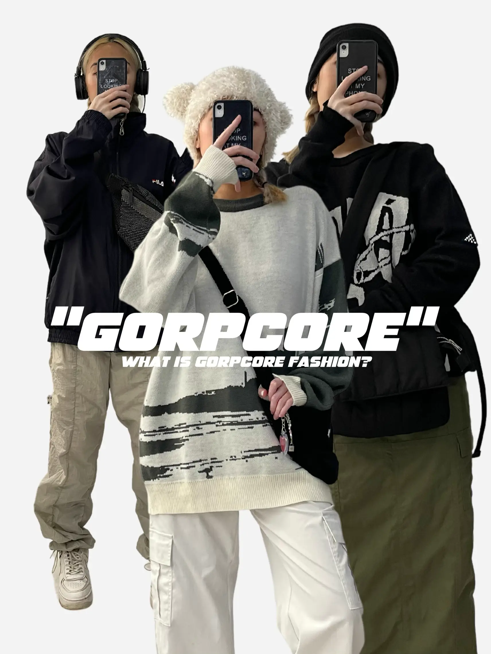 Three people standing next to each other, all wearing different styles of Gorpcore clothing. - Gorpcore
