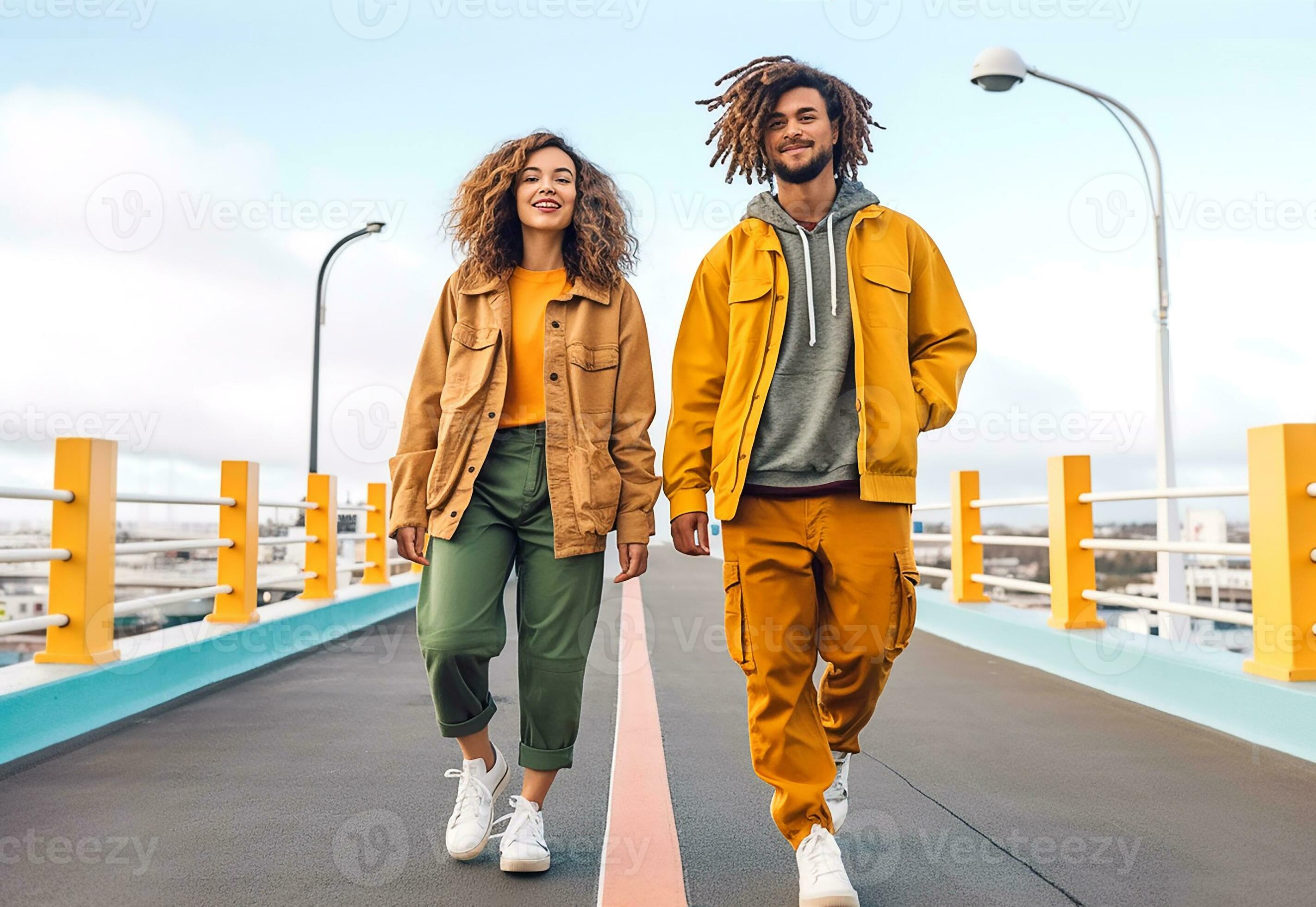 Young stylish couple walking on the bridge photo - Gorpcore
