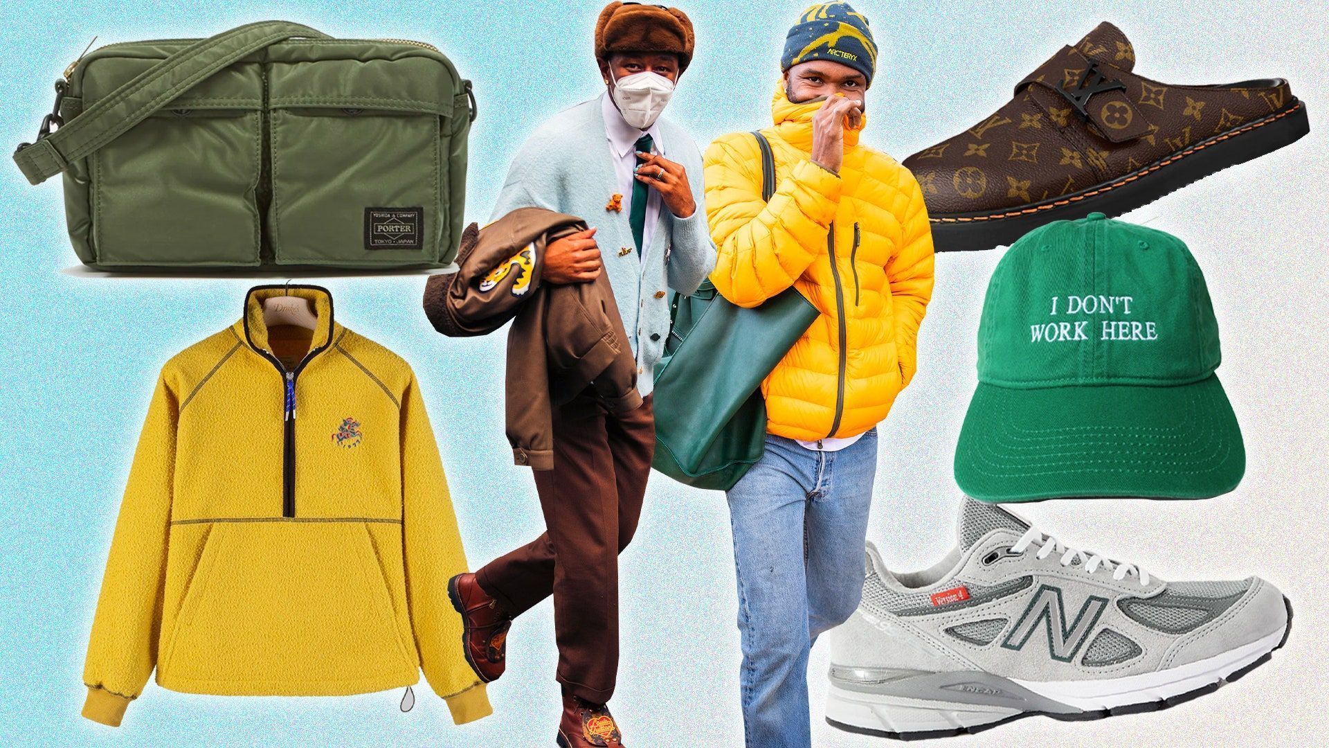 A collage of a man wearing a yellow puffer jacket, a Louis Vuitton sneaker, a New Balance sneaker, a green baseball cap, a yellow and blue outfit, a Louis Vuitton bag, and a green and yellow outfit - New Balance