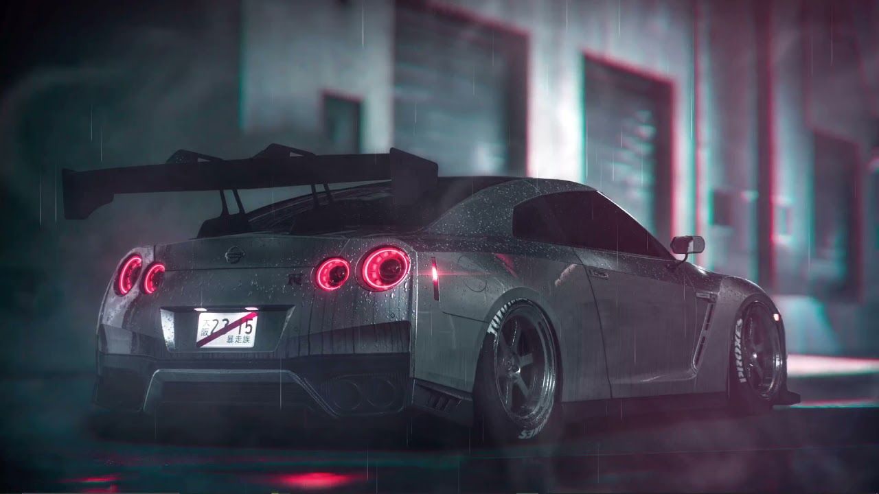 A Nissan GTR in a dark, rainy setting with red lights shining from the rear. - Nissan Skyline