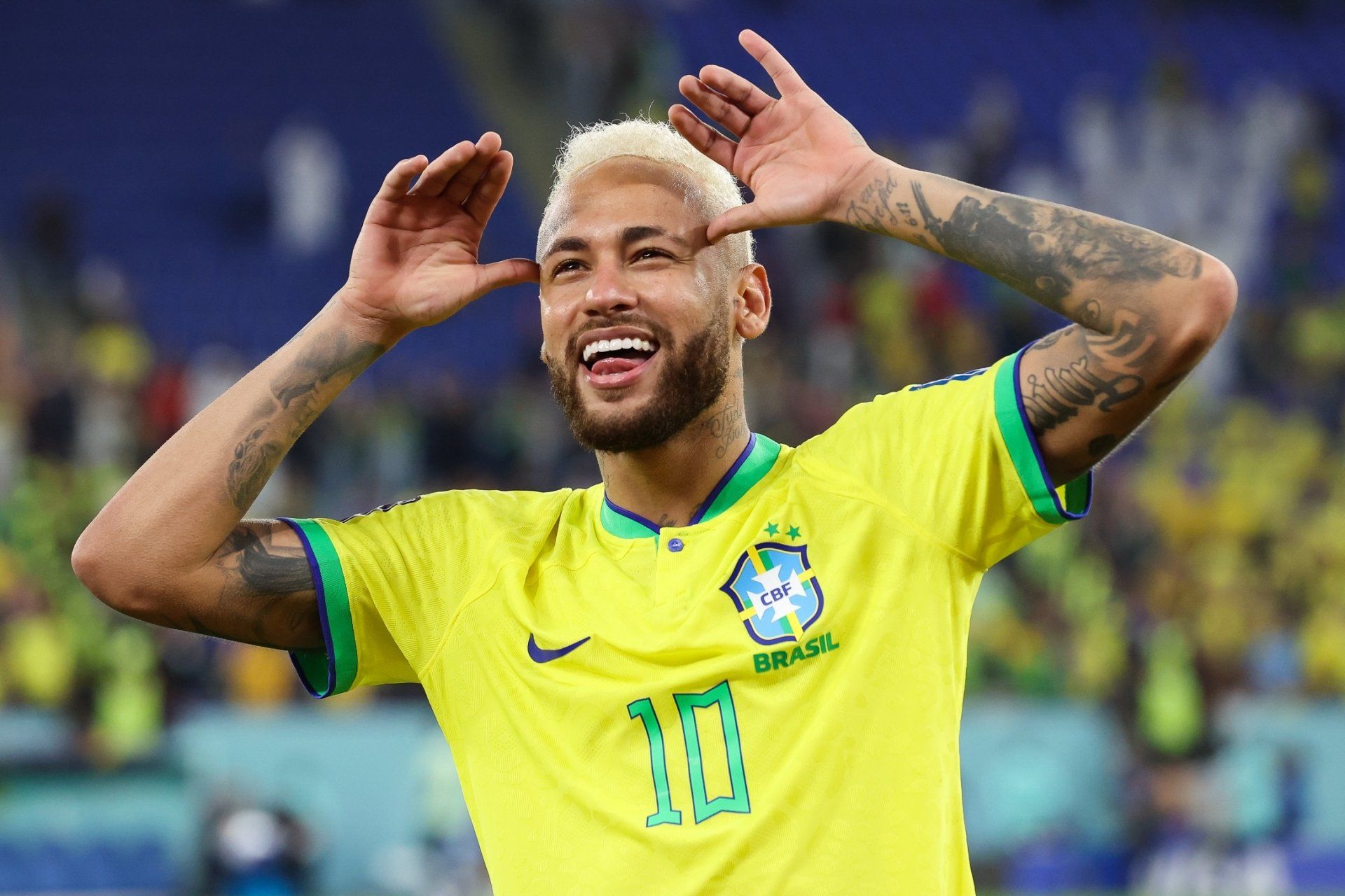 Brazil's forward Neymar celebrates after scoring a goal during the 2022 FIFA World Cup South American Qualifiers football match against Peru at the Arena Corinthians stadium in Sao Paulo on November 14, 2020. - Brazil won the match 2-0. (Photo by MAURO PIMENTEL / AFP) / Brazil OUT (Photo by MAURO PIMENTEL/AFP via Getty Images - Neymar