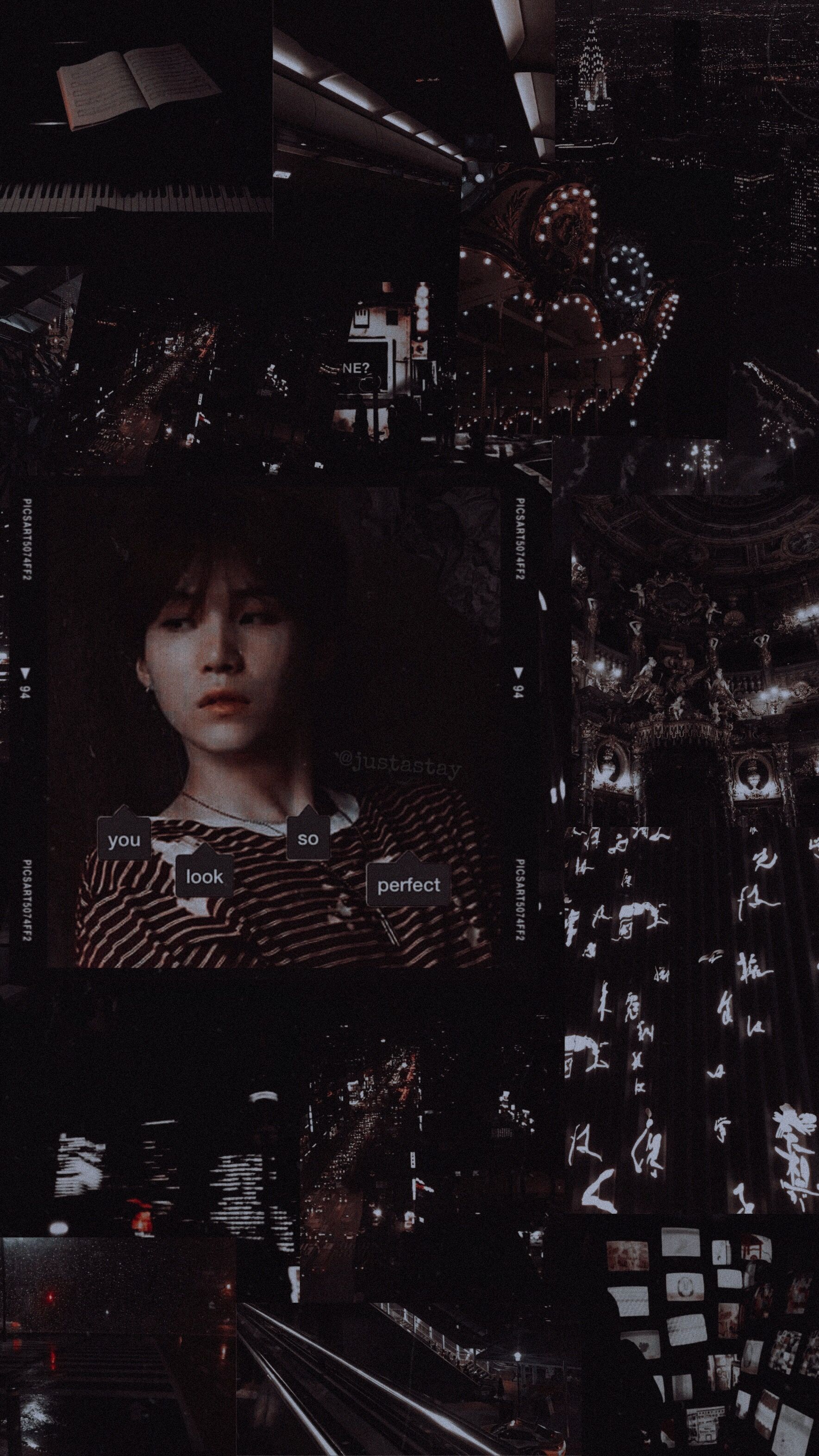 Black aesthetic wallpaper for phone with the picture of a K-pop idol and the night city - Suga