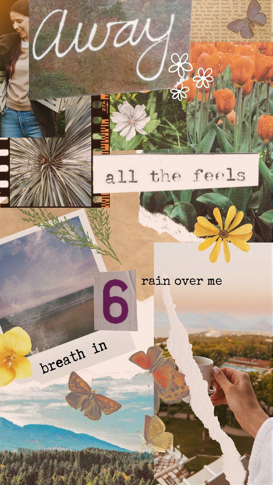 Aesthetic collage of vintage photos, butterflies, flowers, and the words 