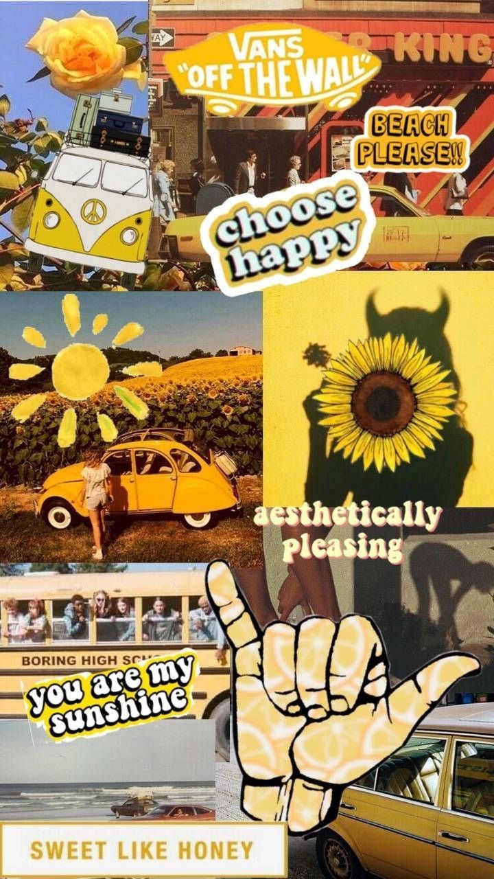 Aesthetic collage with yellow vintage vibe, featuring a Volkswagen van, a sunflower, and the words 