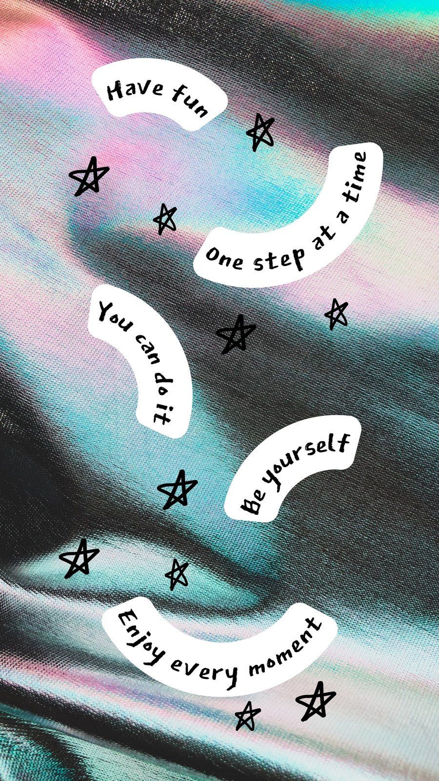 An iPhone wallpaper with a tie-dye background and positive affirmations in black lettering. - Holographic