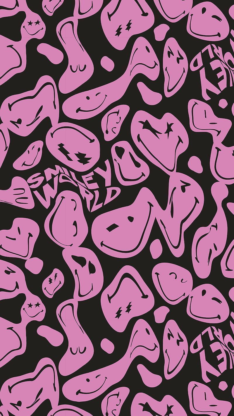 A pattern of pink acid smileys on a black background - Smiley