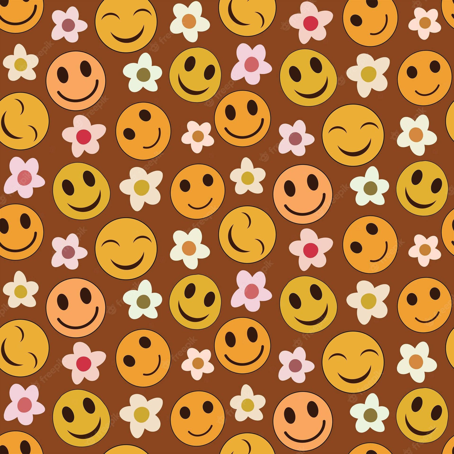 Seamless pattern with emoji and flowers on a brown background. Vector illustration. - Smiley