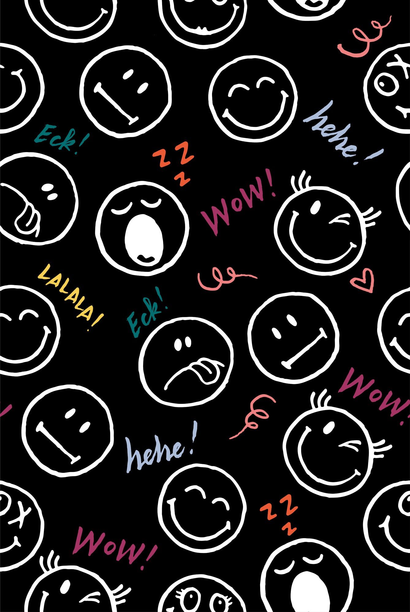 A black wallpaper with different colored smiley faces and phrases such as 