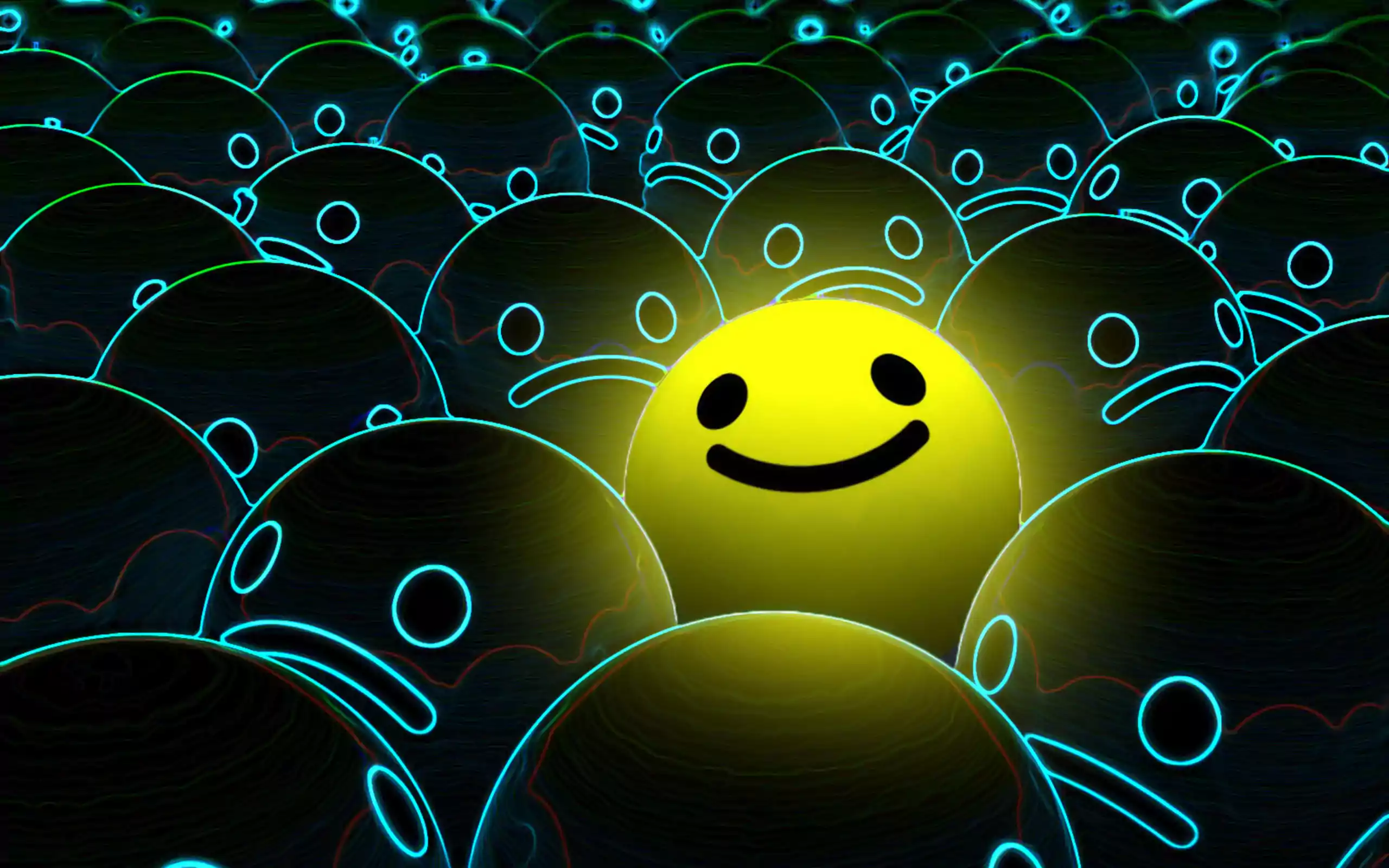 A smiling face on a yellow ball surrounded by blue balls - Smiley