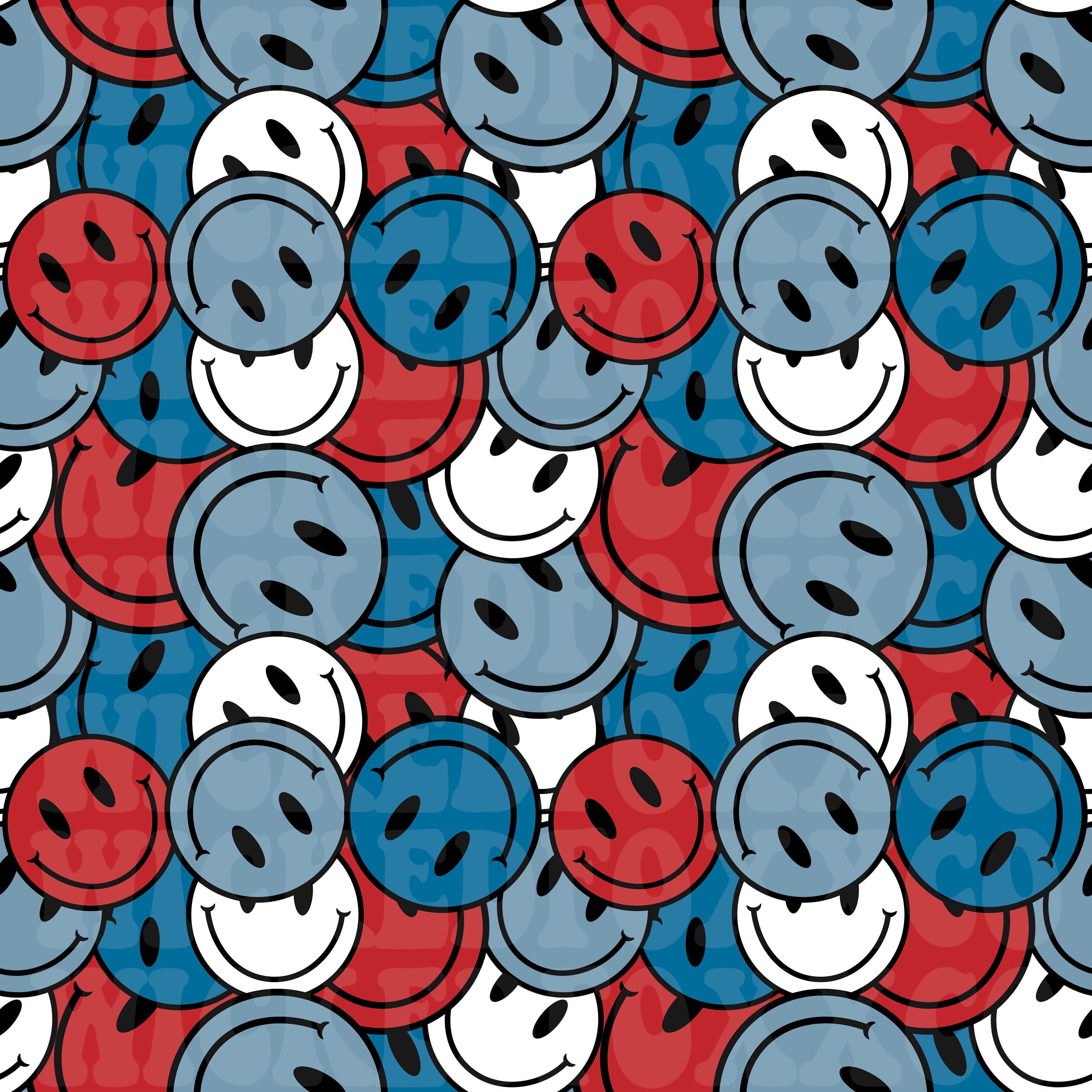 A pattern of red, white, and blue emojis, some of which are upside down. - Smiley