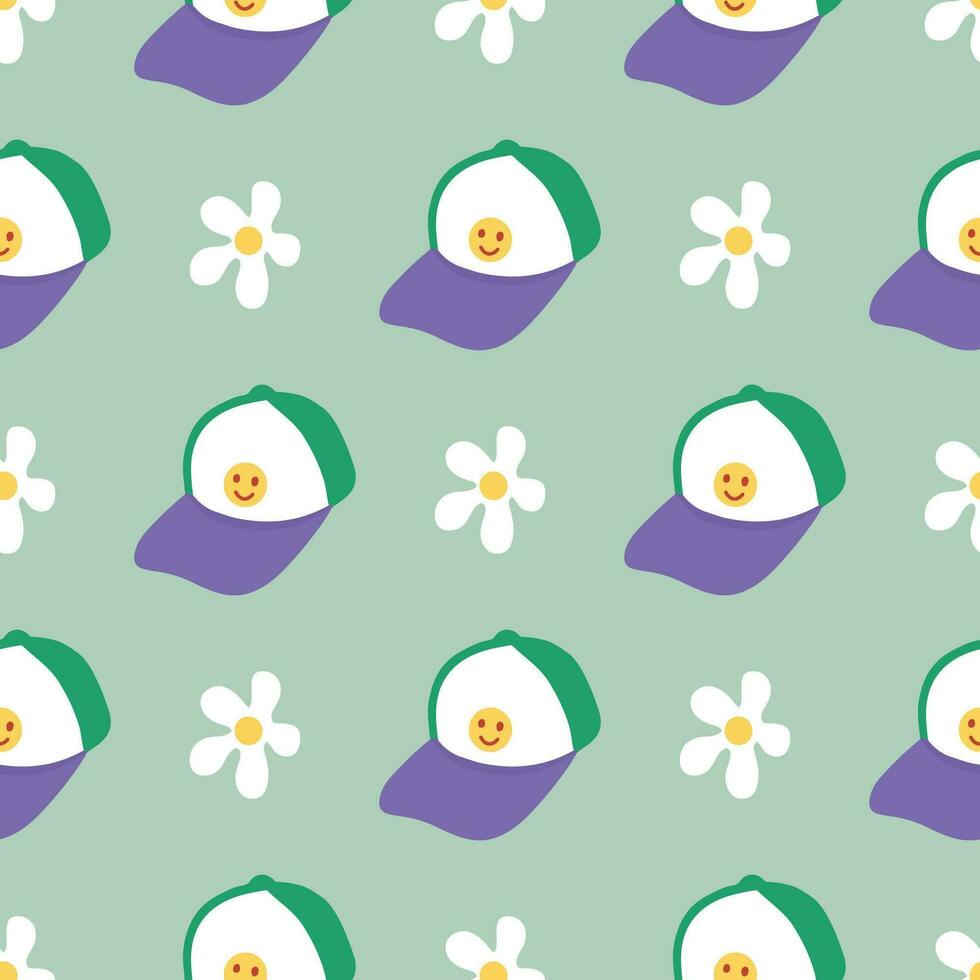 Groovy seamless pattern with baseball cap and white flower. Chamomile and smiley face retro hippie texture. Great for textile, fabric, stationery, wallpaper and wrapping