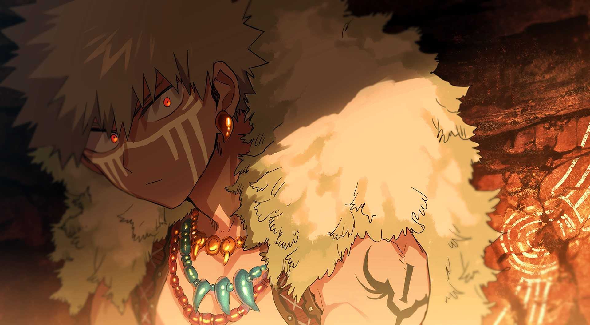 An anime character with brown hair and brown eyes, wearing a white fur coat and a necklace of turquoise beads with red stones - Bakugo