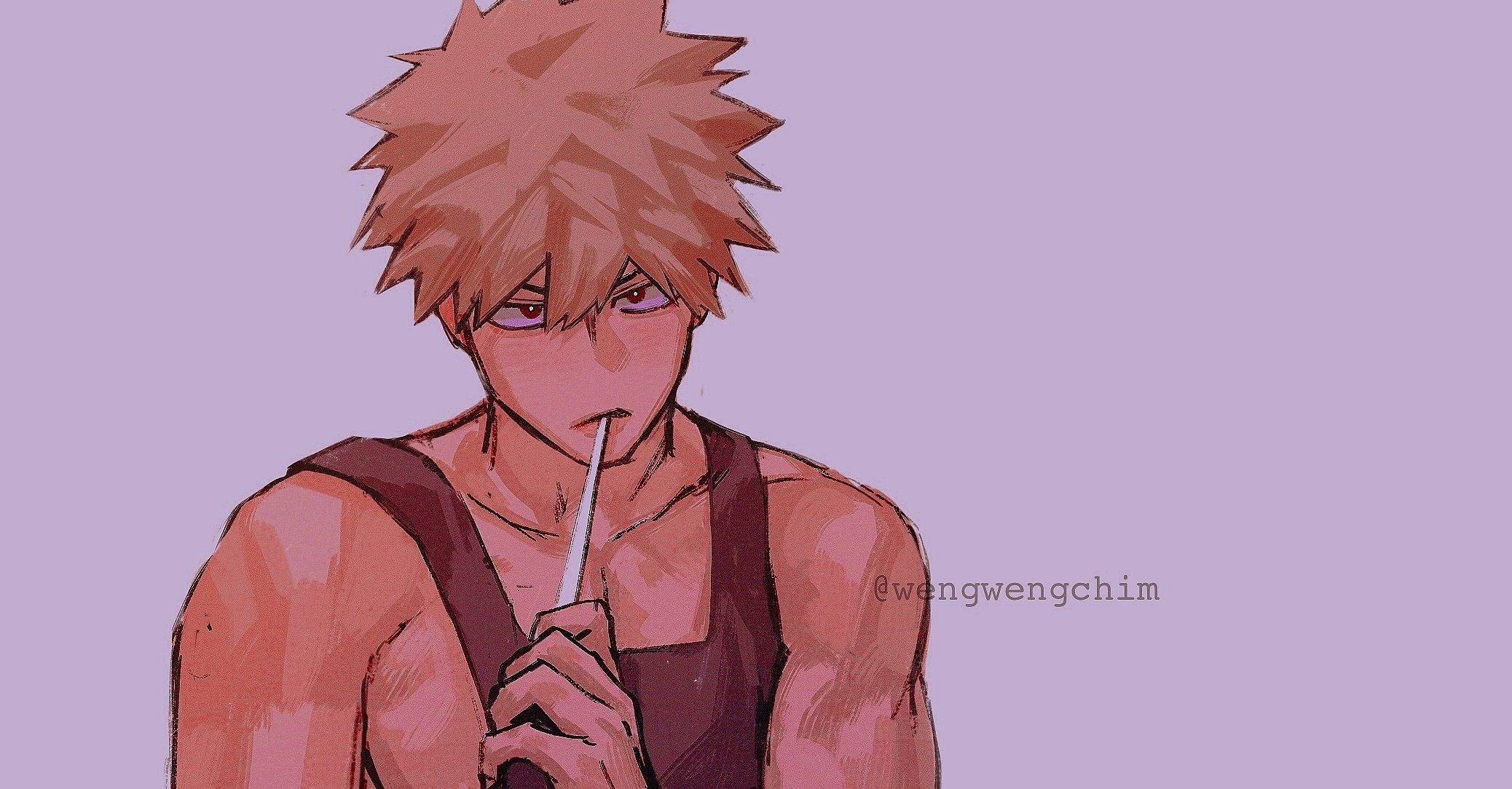 A brown-haired boy in a black tank top, smoking a cigarette. - Bakugo