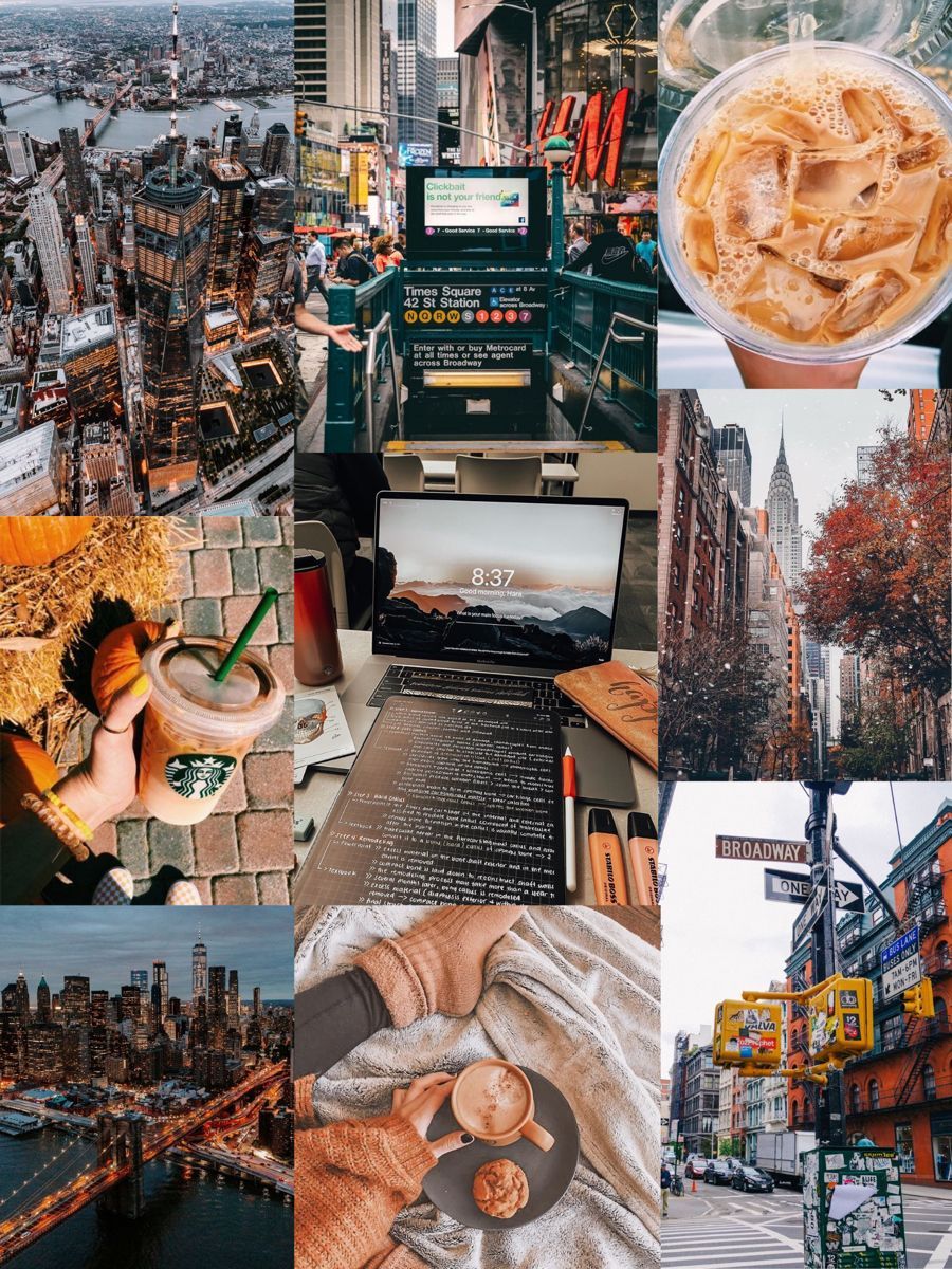 A collage of images including a laptop, coffee, a cityscape, and a person holding a starbucks drink. - Broadway