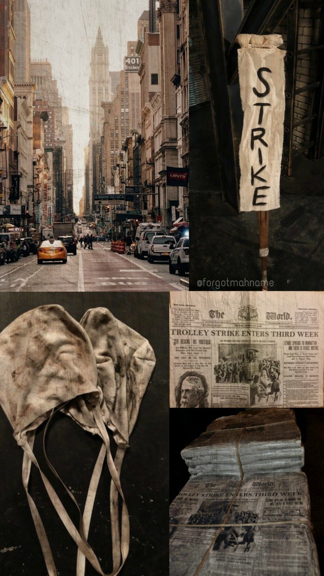 A collage of images including a trolley strike banner, newspaper articles, and a photo of a city street. - Broadway