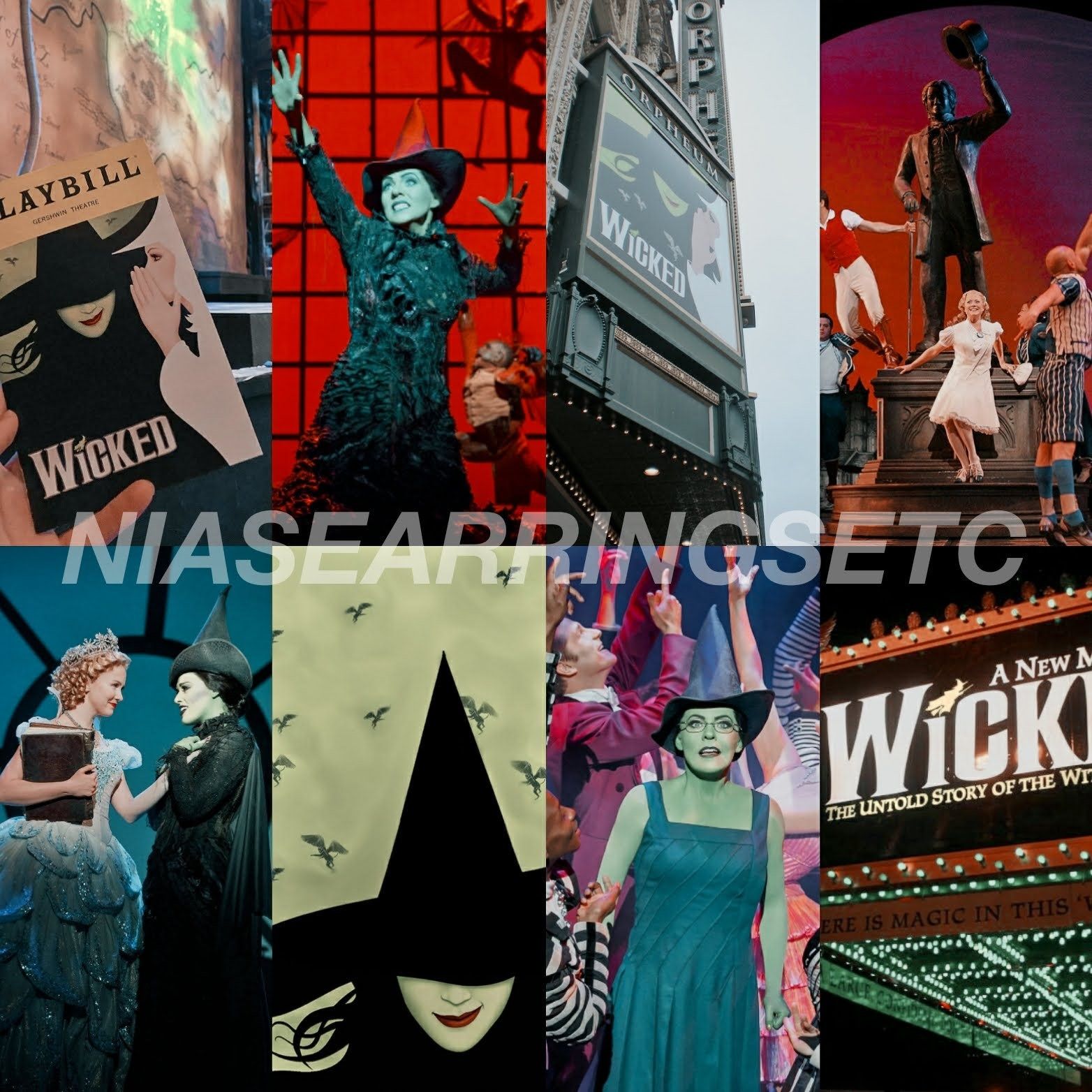 Collage of images from the Broadway musical Wicked, including the Gershwin Theatre and the cast. - Broadway