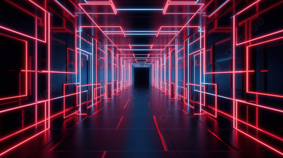 A 3D corridor illuminated by red and blue neon lights in an abstract geometric illustration. - Neon red