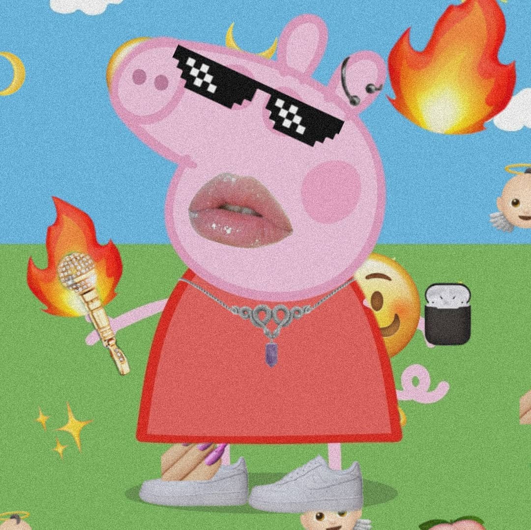 A meme of Peppa Pig wearing sunglasses, a red dress, and white sneakers. She is holding a microphone and a fire emoji is burning in the background. - Peppa Pig