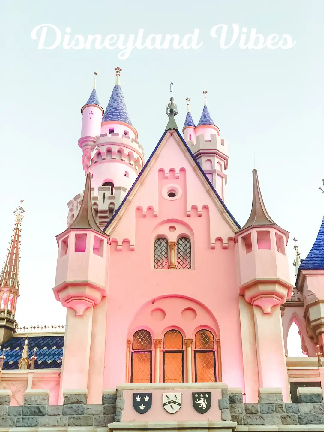 A pink castle with the words Disneyland Vibes on top - Disneyland