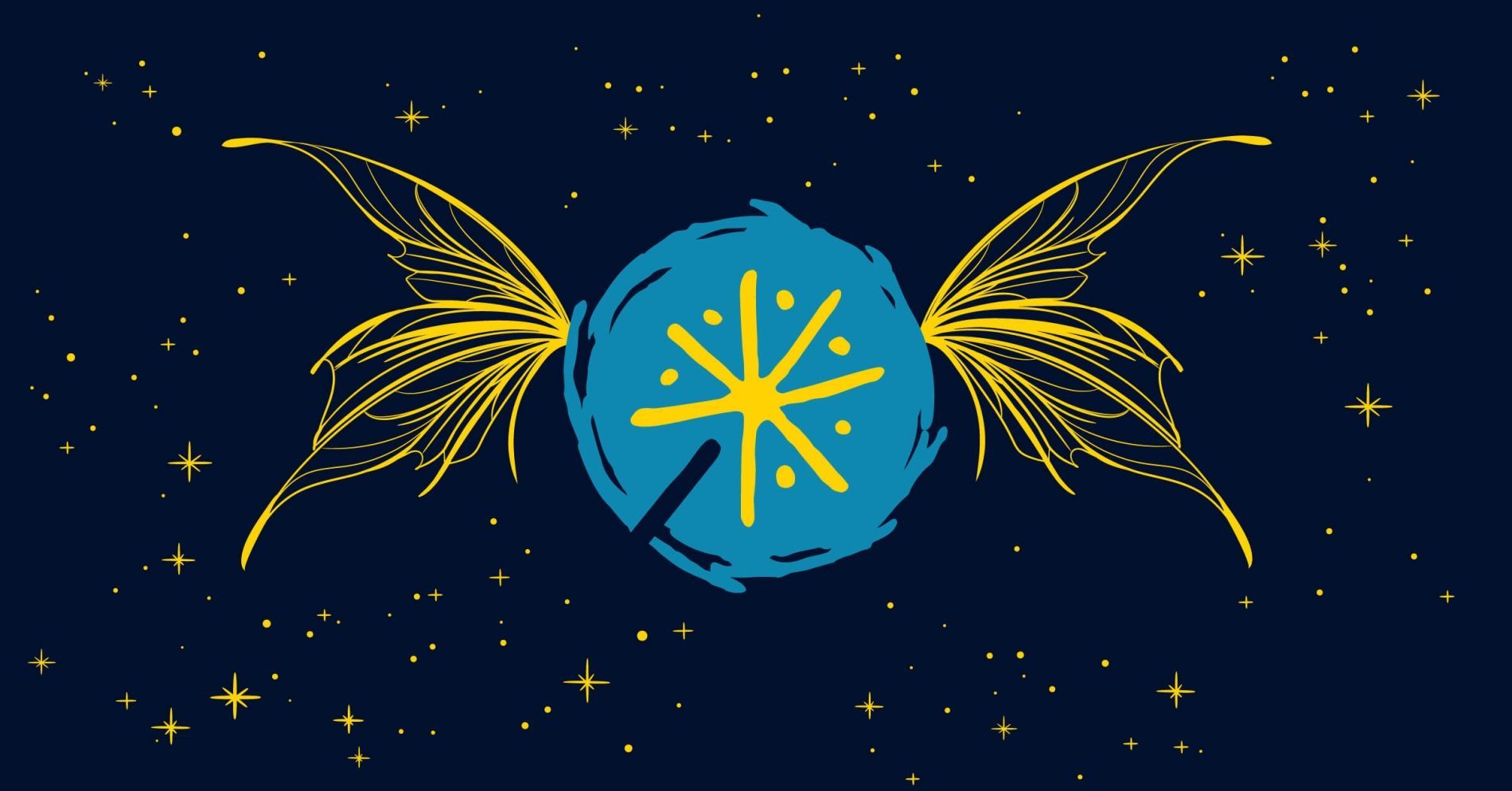 A graphic of a Tinkerbell-like fairy with wings flying through a starry sky - Tinkerbell