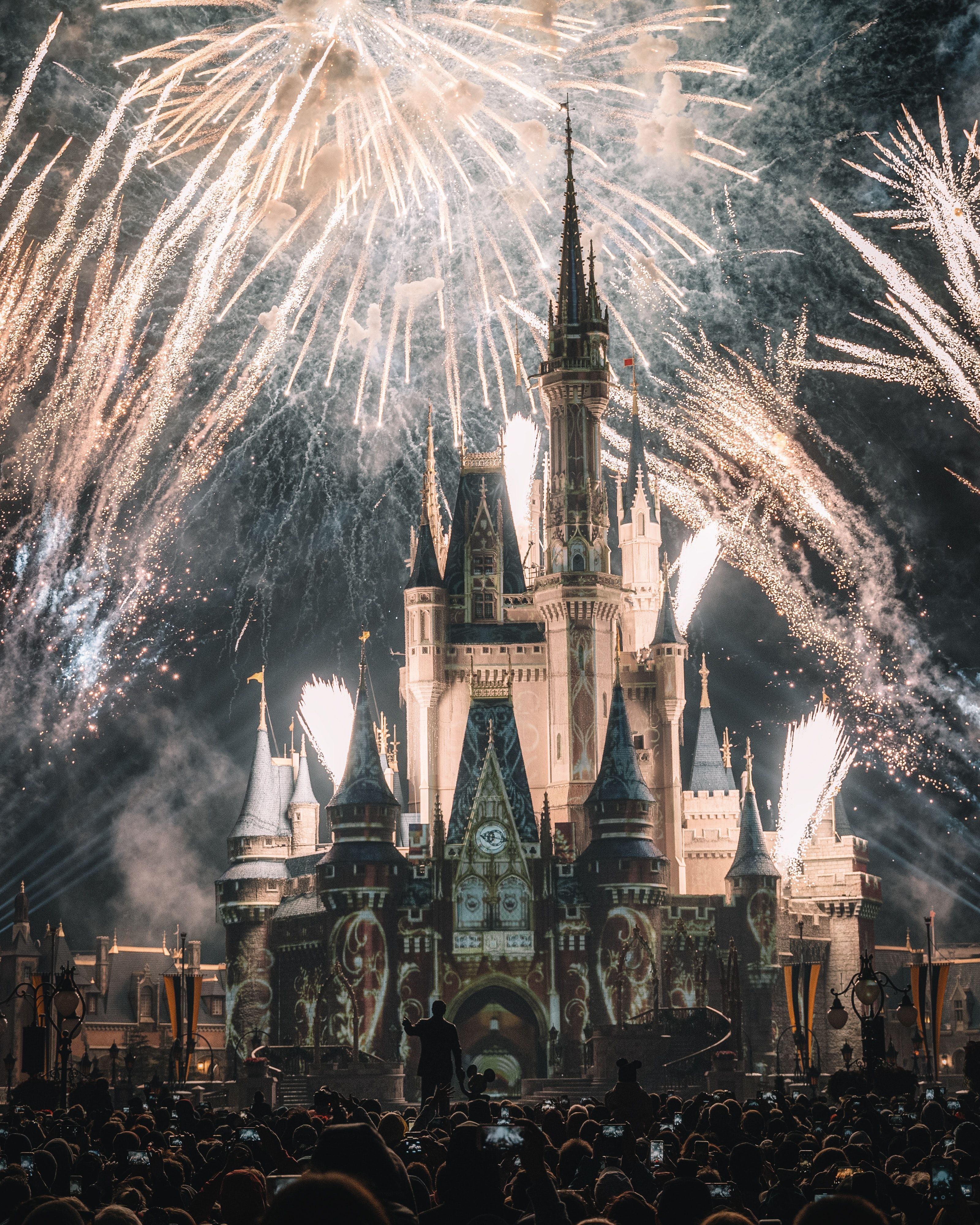 Fireworks explode over the iconic Cinderella Castle at Magic Kingdom park in Lake Buena Vista, Florida. - Disneyland