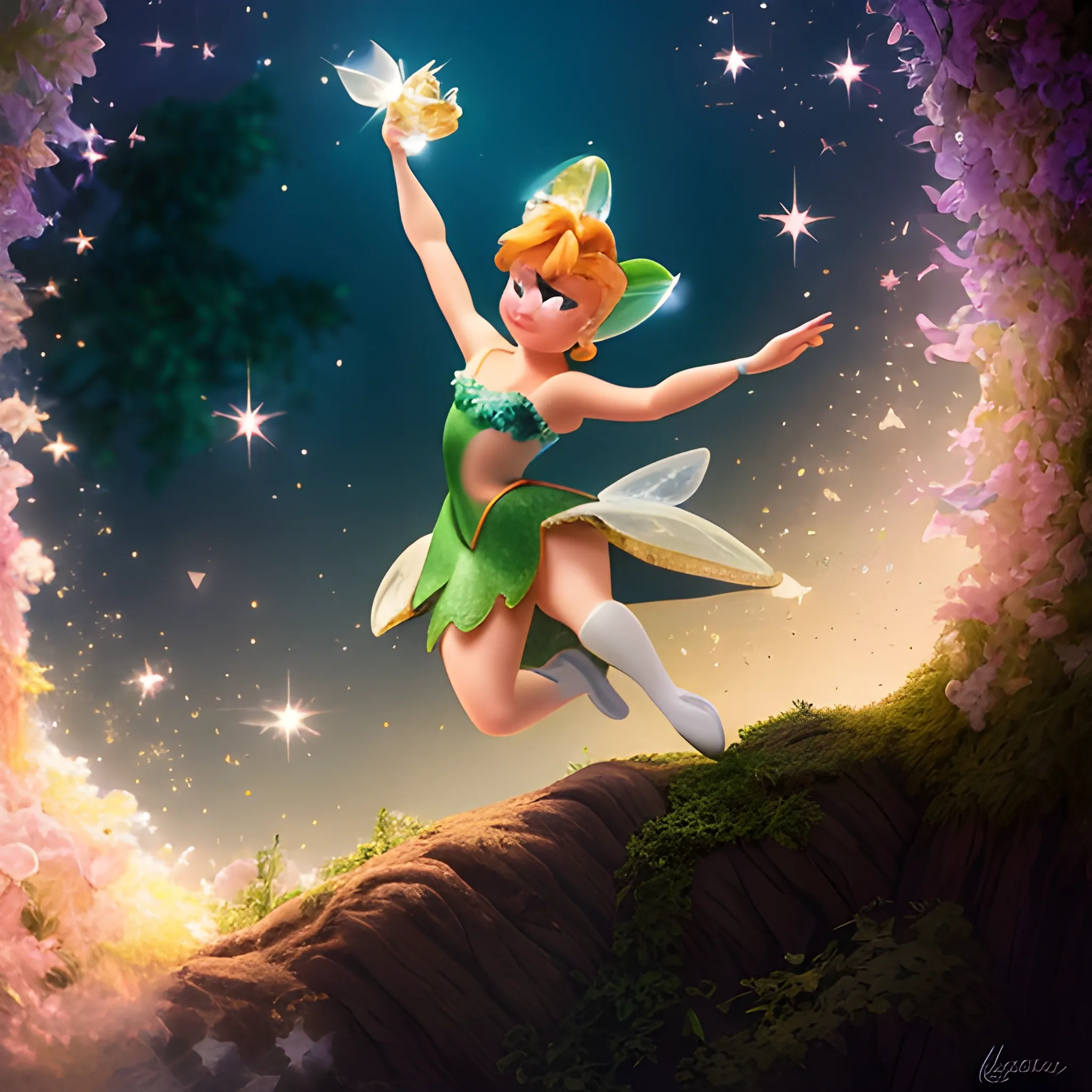 Tinker Bell, the fairy from Peter Pan, flying in the night sky. - Tinkerbell