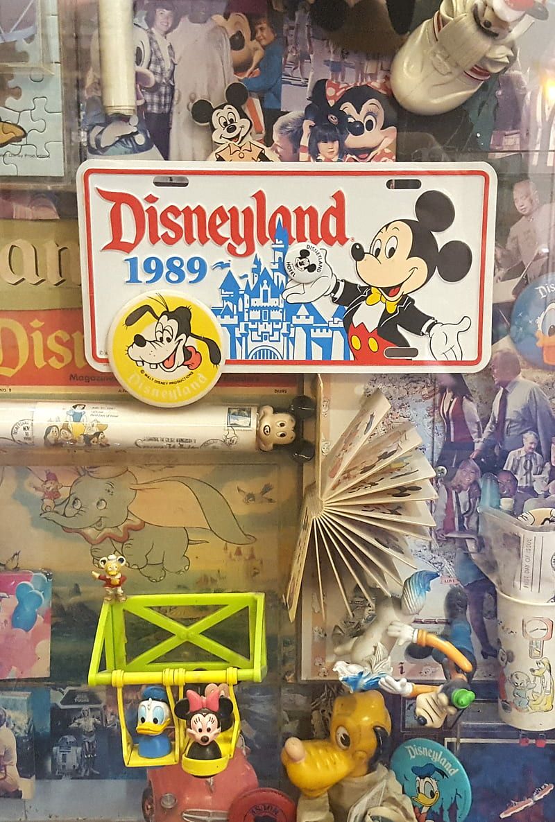 A collection of Disneyland memorabilia including a 1989 license plate, a Mickey Mouse magnet, and a postcard. - Disneyland