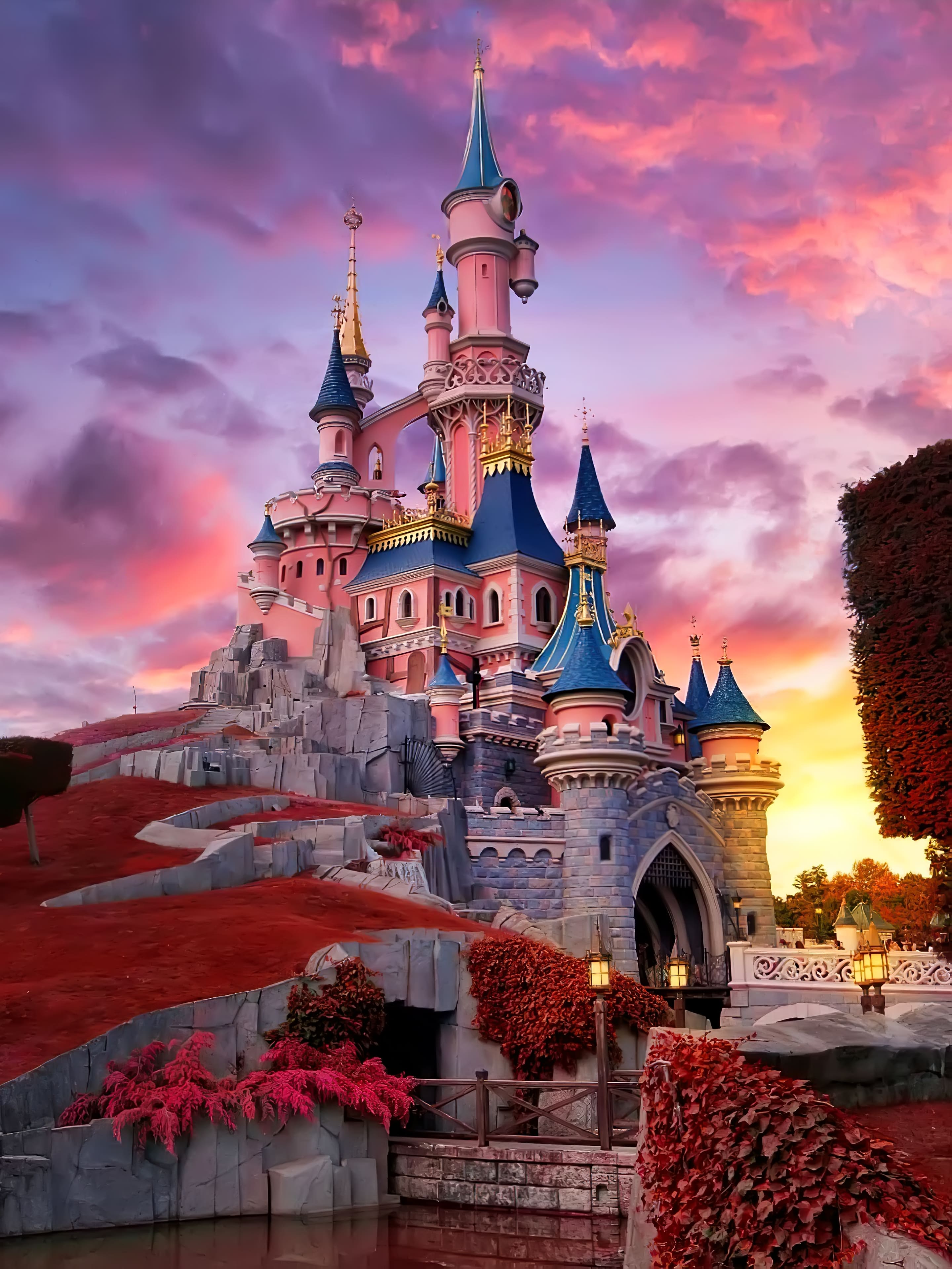 A pink castle with blue roofs on a hilltop, with a pink and blue sky in the background. - Disneyland
