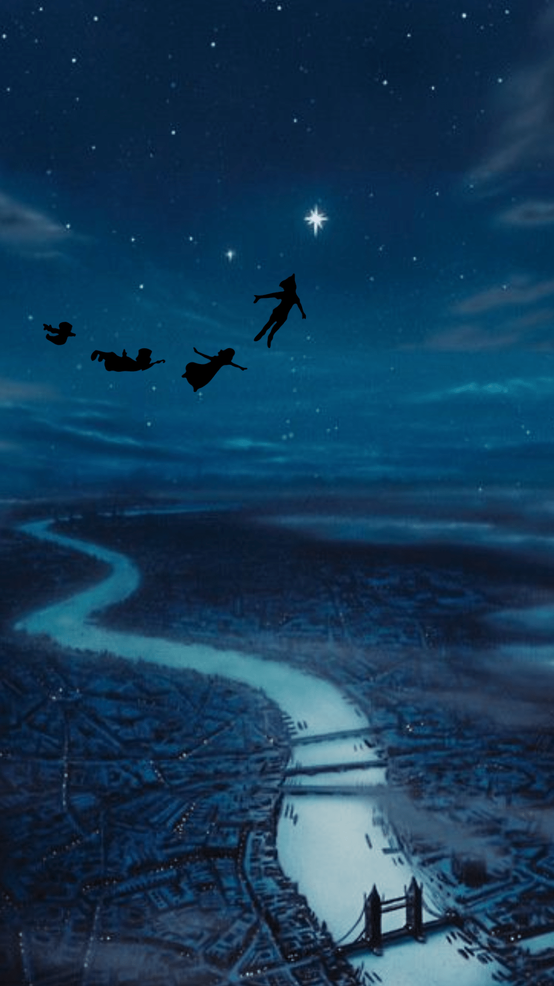 Peter Pan flying over the city at night with Tinker Bell and the Lost Boys. - Peter Pan