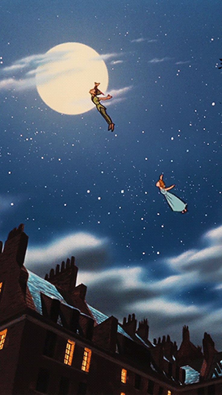 Peter Pan and Wendy flying over the rooftops of London in the night sky - Peter Pan