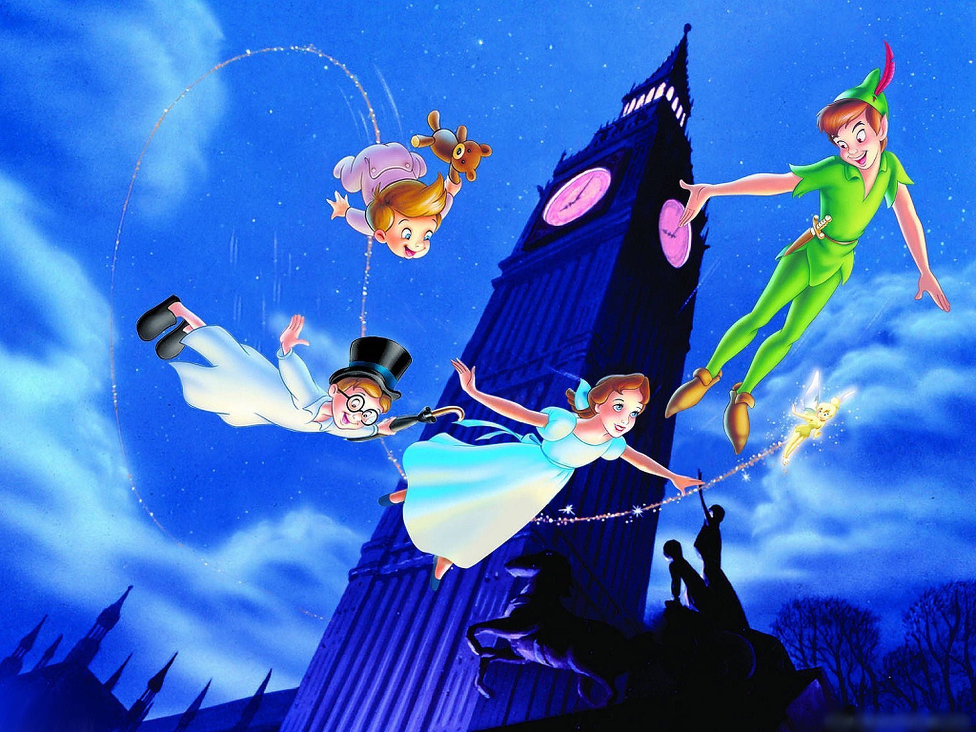 Peter Pan flying with Wendy, John, and Michael Darling over London - Peter Pan