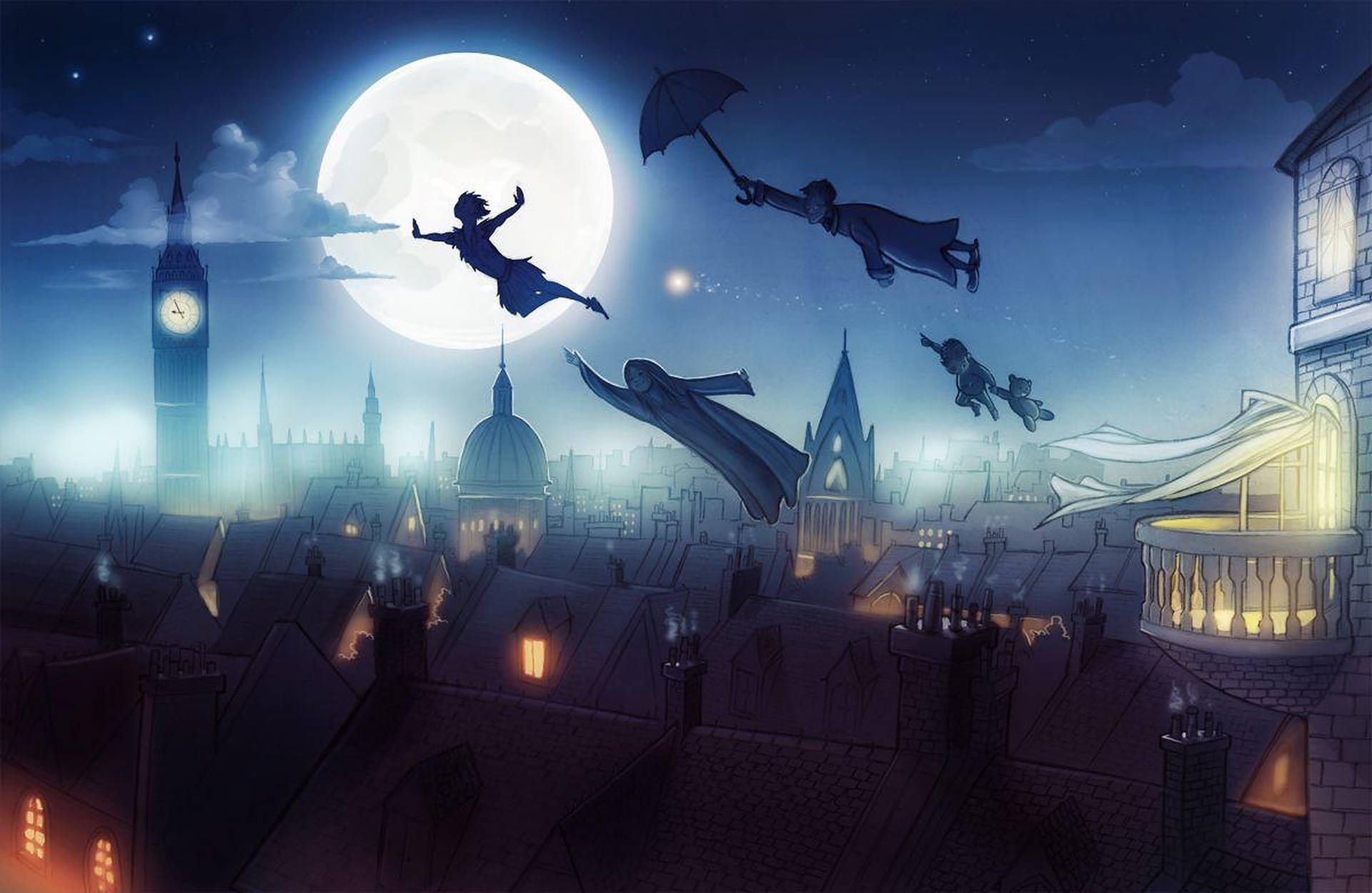 Peter Pan flying over the rooftops of London with the moon and Big Ben in the background - Peter Pan