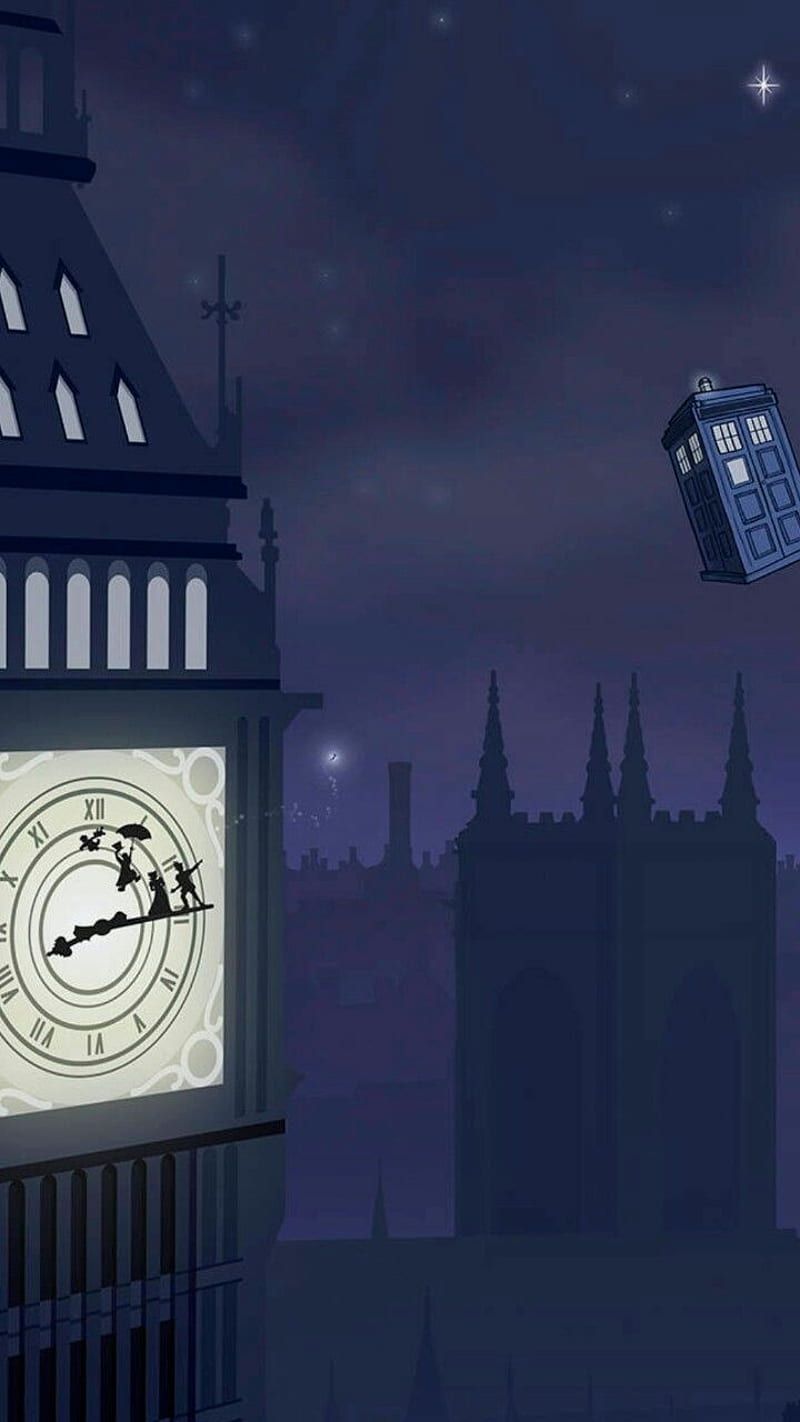 Doctor Who wallpaper with the TARDIS flying in front of Big Ben - Peter Pan