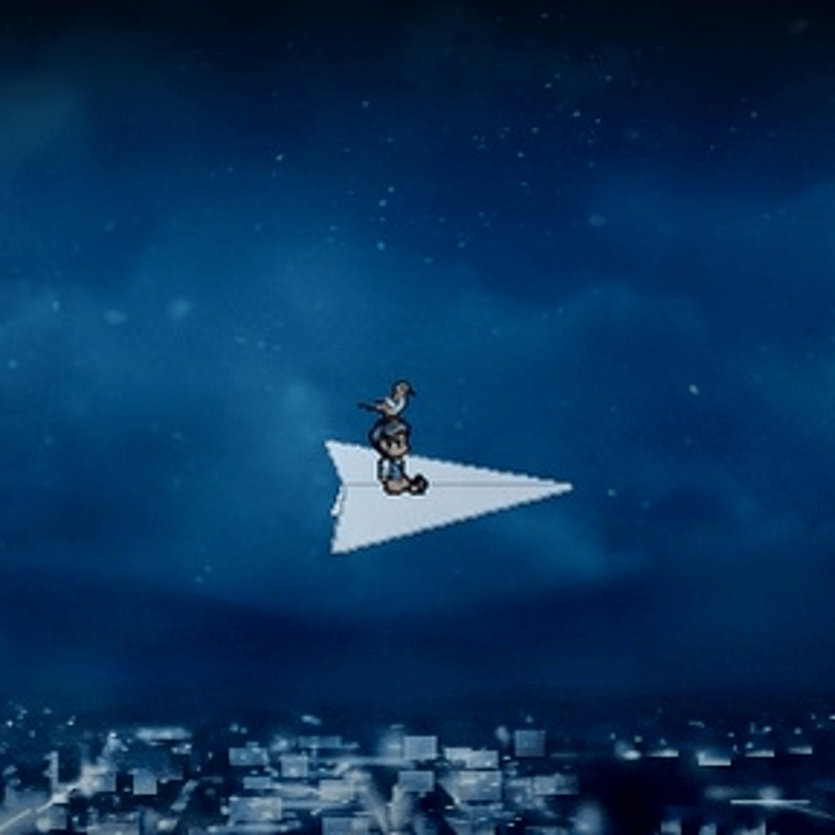 A man rides a motorcycle on a paper airplane in the sky. - Peter Pan