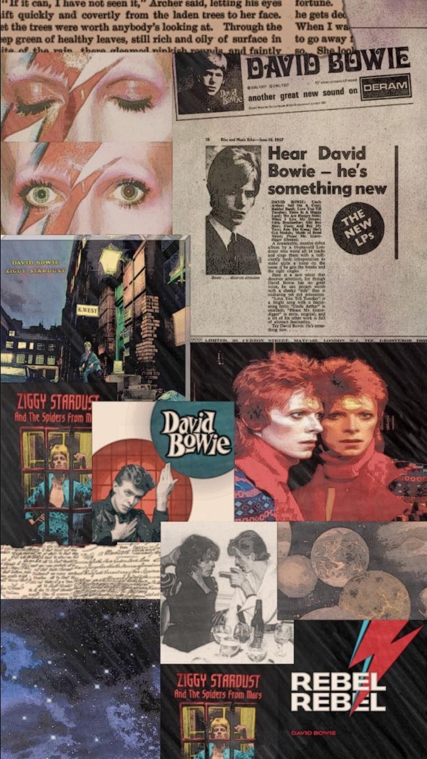 A collage of David Bowie's album covers and newspaper articles - David Bowie