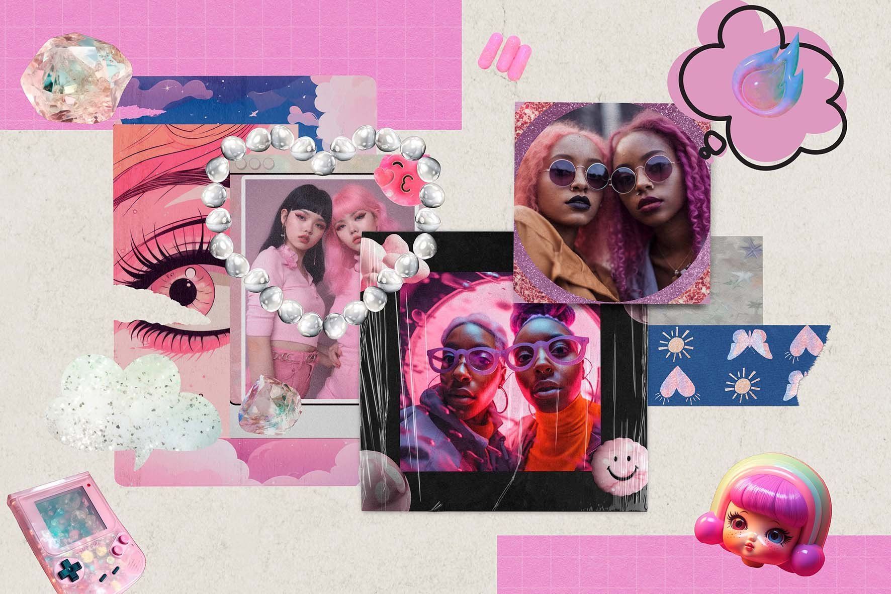 A collage of images including two women with pink hair, a gameboy, a thought bubble with the words 